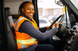 © MVProductions - Candid shot of a confident african american female delivery truck driver. Generative AI