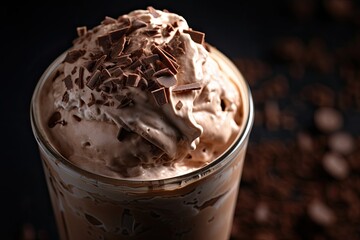 Close-up shot of chocolate milkshake with chocolate shavings on top, showcase the rich texture and details. Generative AI