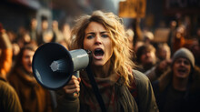 Angry Woman Shouting Into A Megaphone In A Crowd. Generative AI.
