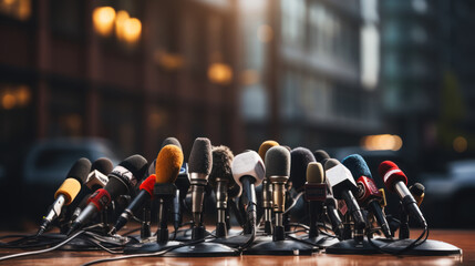 Microphones on the table in front of the city background. Media concept. Generative AI.