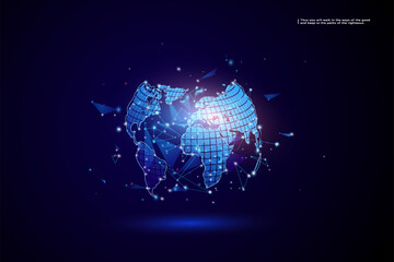 Poster - Low polyline earth network technology on blue background. Global business connection points and lines.