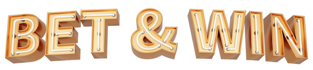 golden 3d text with glowing neon tube. typography. 3d illustration. bet & win.