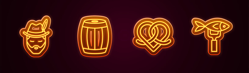 Set line Oktoberfest man, Wooden barrel, Pretzel and Dried fish. Glowing neon icon. Vector