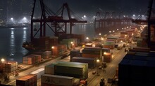 Container Port In Hong Kong During Night Time. Created With Generative Ai Technology.