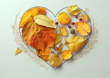 Autumn Still Life With Many Colorful Leaves Arranged In A Heart Shape. A Very Pleasant Background Or Wallpaper In Soothing Autumn Colors. Autumn Love Concept. AI Generated.