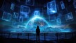 © Kanisorn - Futuristic hologram screen landscape transports observers to distant galaxies, filling their minds with wonder and awe. Generative AI