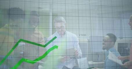Poster - Animation of green lines and financial data processing over diverse business people in office