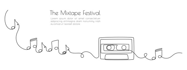 Aufkleber - One continuous line drawing of audio cassette tape with notes. Retro and nostalgic music and mixtape concept for web banner in simple linear style. Editable stroke. Doodle Vector illustration