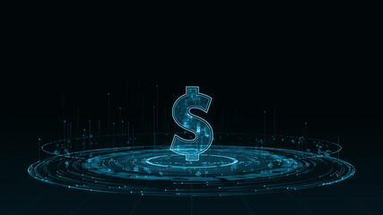 Blue digital money logo with particle ring circle rotation with ai technology icon on futuristic abstract background crypto currency finance and digital money concepts