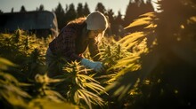 A Female Wearing Gloves Picking Weeds From Cannabis Plant-Generative AI