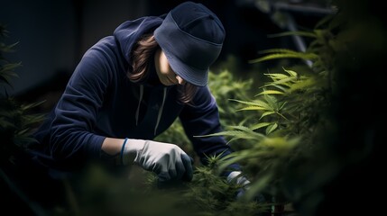 A female wearing gloves picking weeds from cannabis plant-Generative AI