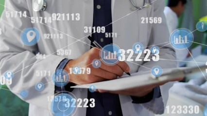 Poster - Animation of network of connections with numbers over caucasian male doctor writing