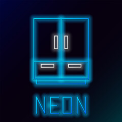 Sticker - Glowing neon line Wardrobe icon isolated on black background. Colorful outline concept. Vector