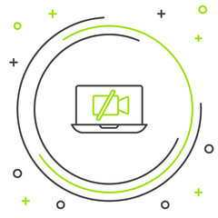 Poster - Line Video camera Off on laptop screen icon isolated on white background. No video. Colorful outline concept. Vector