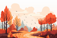 Beautiful Autumn Forest Landscape. Stunning Landscape Of Mixed Forest In Autumn Season. Vector Illustration.