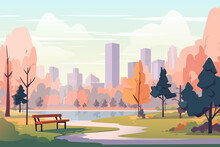 City Autumn Park With Yellow Trees, Bench, Lake, Path And Lantern. Natural Landscape Of The City And City Park. Vector Illustration.