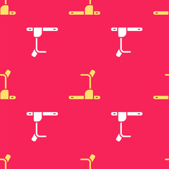 Poster - Yellow Treadmill machine icon isolated seamless pattern on red background. Vector