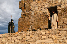 Jesus And Devil On A Fortress Tower Of Jerusalem. Biblical Concept.