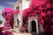 A pink blooming bougainvillea liana covers the sandstone mansion.