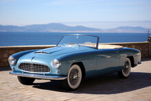 Blue Retro Car Cabriolet On The Road Against The Backdrop Of Mountains. Photorealistic Illustration Of Generative AI.
