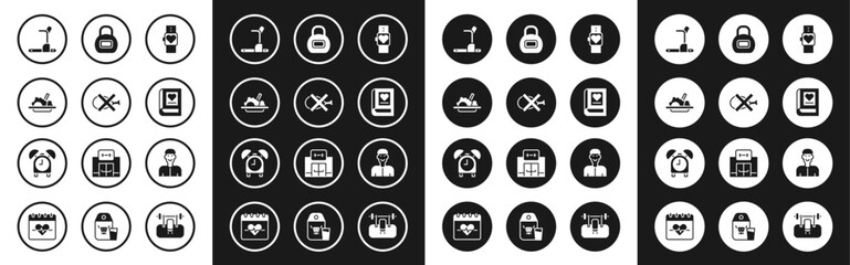 Sticker - Set Smart watch, No meat, Healthy food, Treadmill machine, Medical book, Kettlebell, Positive thinking and Alarm clock icon. Vector