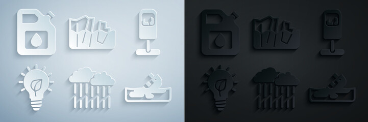 Poster - Set Cloud with rain, Trash can, Light bulb leaf, Wrecked oil tanker ship, Glacier melting and Canister for gasoline icon. Vector