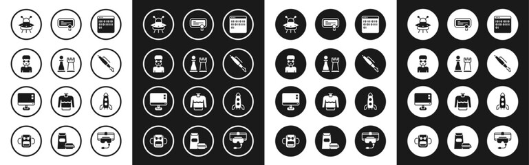 Poster - Set Binary code, Chess, Nerd geek, UFO flying spaceship, Fountain pen nib, Certificate template, Rocket and Computer monitor screen icon. Vector