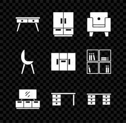 Sticker - Set Office desk, Wardrobe, Armchair, TV table stand, and icon. Vector