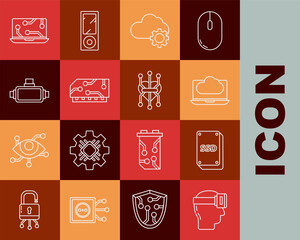 Poster - Set line Virtual reality glasses, SSD card, Cloud technology data transfer and storage, RAM, random access memory, Laptop and Processor icon. Vector