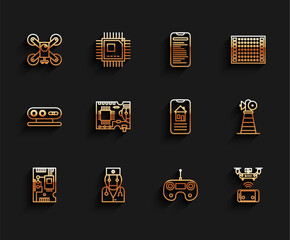Poster - set line electronic computer components motherboard digital chip, robot doctor, drone flying with ac