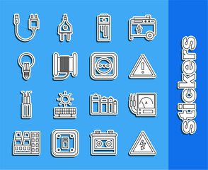 Sticker - Set line High voltage sign, multimeter, voltmeter, Exclamation mark in triangle, Battery, Wire electric cable reel or drum, Light bulb with concept of idea, Charger and Electrical outlet icon. Vector