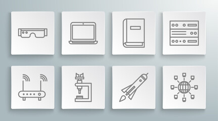 Poster - Set line Router and wi-fi signal, Laptop, Microscope, Rocket ship with fire, Social network, User manual, Server, Data, Web Hosting and Smart glasses icon. Vector
