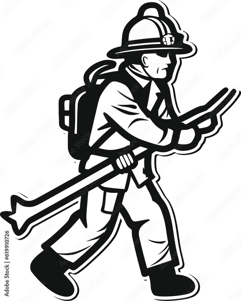 Flat Character Of Firefighter Vector Illustration Black And White