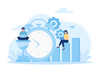 Time management with people, clocks and data analysts trending concept flat illustration