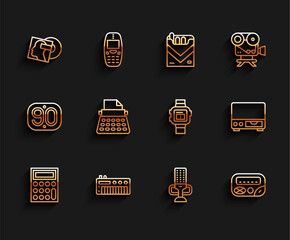 Sticker - Set line Calculator, Music synthesizer, Vinyl disk, Microphone, Pager, Retro typewriter, Old video cassette player and Wrist watch icon. Vector