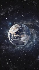 Wall Mural - A animated vertical video of earth in space moving in closer with animated stars, swirling cosmos, and gridded texture.