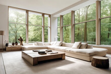 Beige Corner Sofa Against Of Big Windows. Minimalist Interior Design Of Modern Living Room In Country House In Forest. Created With Generative AI