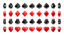 Big Set Of Suit Cards. The Suit Of Playing Cards Is Rotated At Different Angles. 3d Vector