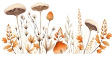 Watercolor Style Illustration Autumn Season Banner Background, Mushroom, Dry, Leaves, Twigs And Berries, Artwork Isolated On White Background, Generative Ai