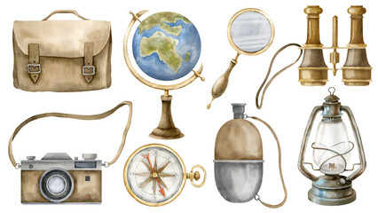 vintage equipment set. hand drawn watercolor illustration of retro globe, magnifying and lantern on 