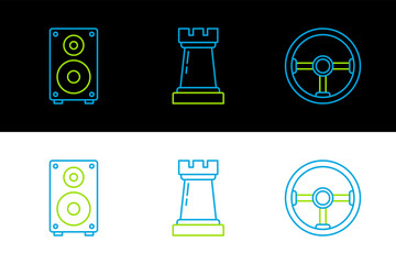 Poster - Set line Steering wheel, Stereo speaker and Chess symbol icon. Vector