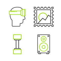 Poster - Set line Stereo speaker, Dumbbell, Picture landscape and Virtual reality glasses icon. Vector