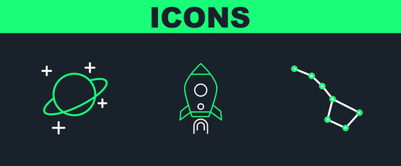 Poster - Set line Great Bear constellation, Planet and Rocket ship with fire icon. Vector
