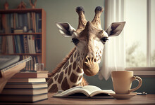 A Smart Giraffe Is Sitting In A Cafe With A Cup Of Coffee And A Lot Of Books Around. AI Generated