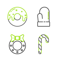 Sticker - Set line Christmas candy cane with stripes, wreath, mitten and Donut sweet glaze icon. Vector