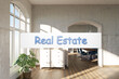 © Imillian - real estate; search box text floating in air in luxurious loft apartment with window and garden; minimalistic interior living room design; 3D Illustration