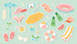 Big summer set. Summer set of cute elements: swimsuit, sunglasses, sun lounger with umbrella, swimming circle, hat, fruit, ice cream, cocktail, fins and mask. Cartoon vector illustration. Flat sticker