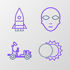 Poster - Set line Eclipse of the sun, Mars rover, Alien and Rocket ship icon. Vector
