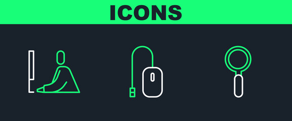 Poster - Set line Magnifying glass, Student working at laptop and Computer mouse icon. Vector