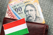 Hungarian money, forints, sticking out of a wallet, financial and economic concept, national symbol of hungary